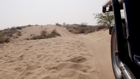 San-Dunes-Safari-Und-Entladen-Mit-Dem-Auto-In-Wüsten-Am-Tag-Aus-Verschiedenen-Blickwinkeln-Video-Ist-Aufgenommen-In-Rajasthan,-Indien