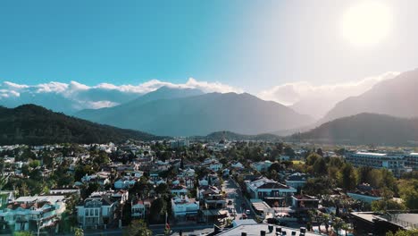 Drone-View-of-Kemer-City-of-Antalya,-Resort-Town-on-Mediterranean-Coast-of-Turkey