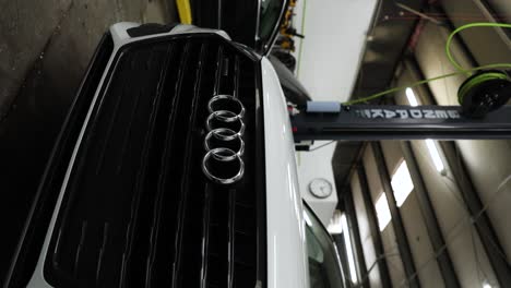 White-Luxury-Audi-Sports-Car,-Closeup-Shot