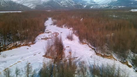 flying-over-a-frozen-river-and-gray-forest-in-sunny-Yakutia-4k