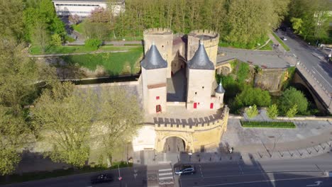 Aerial-flythrough-Porte-des-Allemands-or-the-German-Gate-in-Metz-France