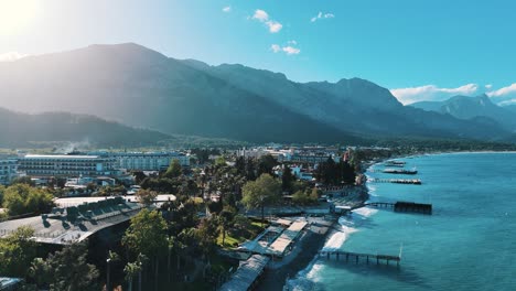 Drone-View-of-Kemer-City-of-Antalya,-Resort-Town-on-Mediterranean-Coast-of-Turkey