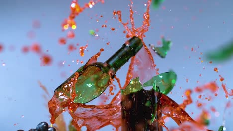 A-wine-bottle-shatters,-scattering-droplets-in-slow-motion,-depicting-the-concept-of-dramatic-impact-and-suspended-motion