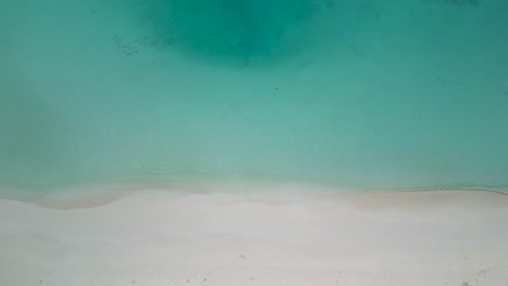 Top-down-aerial-drone-video-of-waves-on-a-calm-sandy-beach-at-sunrise-in-the-Maldives