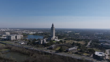 Wide-aerial-footage-of-the-capitol-building-in-downtown-Baton-Rouge-in-the-morning