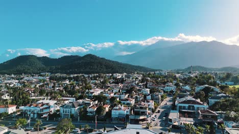 Drone-View-of-Kemer-City-of-Antalya,-Resort-Town-on-Mediterranean-Coast-of-Turkey