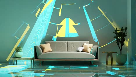 Wohnzimmer-Im-Vintage-Retro-Disco-Stil-In-Einer-Modernen-Hauswohnung,-3D-Rendering-Animation