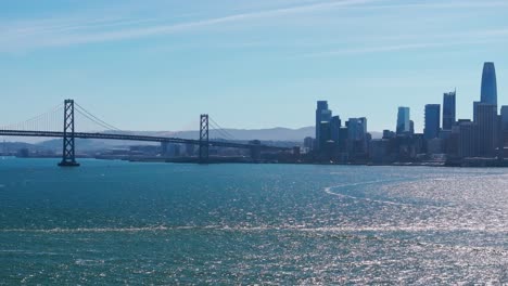 Drone-shot-of-where-the-Oakland-Bridge-meetings-San-Francisco,-California