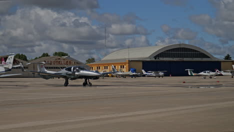 A-Diamond-DA42-is-on-the-parking-lot-of-the-Cuatro-Vientos-Airport,-in-Madrid,-Spain