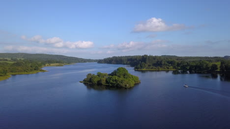 Drone-shot-of-small-island-in-Loch-Ken,-Dumfries,-Scotland