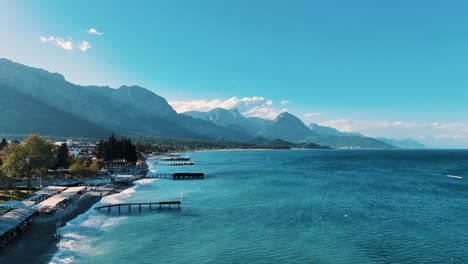 Drone-View-of-Kemer-City-of-Antalya,-Resort-Town-on-Mediterranean-Coast-of-Turkey