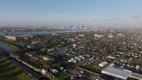 Wide-aerial-flying-over-a-neighborhood-outside-of-downtown-New-Orleans-in-the-morning