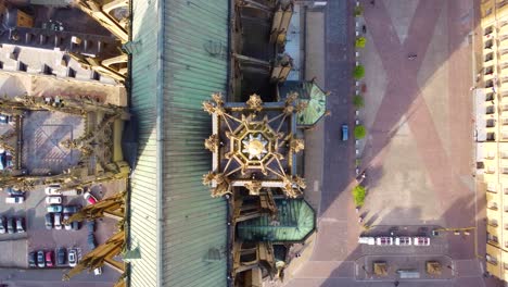 Top-view-over-Metz-Cathedral-ornate-French-gothic-decorated-tower-and-spires