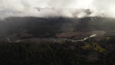 Aerial-View-Of-Hoh-River-and-Surroundings-On-Cloudy-Day,-Washington-State-Olympic-Peninsula