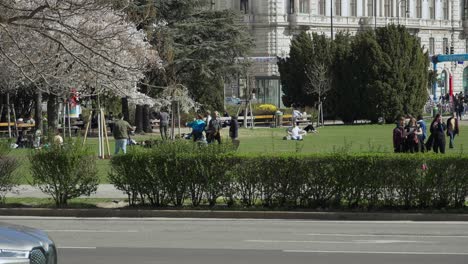 Public-Park-In-Vienna,-When-People-Resting-On-Green-Grass-Under-Sunlight,-Austria