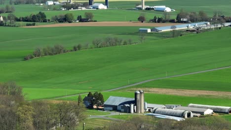 Drone-wide-shot-showing-many-farms-in-rural-area-of-Illinois,-USA