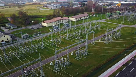 Aerial-View-of-Electricity-Substation,-Electric-Energy-Transmission-System-in-Countryside-Landscape