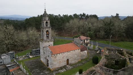 Aerial-View-of-San-Xoan-de-Ourantes-Church,-Punxín,-Spain