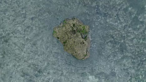 Vista-De-Arriba-Hacia-Abajo-En-Cámara-Lenta-Con-Drones-De-Olas-Rompiendo-Sobre-Arrecifes-De-Coral-Poco-Profundos-Y-Grandes-Rocas-En-Uluwatu-Bali-Indonesia