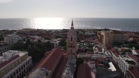 Aerial-View-Of-Bell-Tower-Cathedral-of-Saint-Catherine-of-Alexandria-in-the-Spanish-colonial-city-of-Cartagena,-Colombia