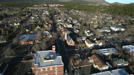 Flagstaff,-Arizona-USA,-Aerial-View-of-Church-of-The-Nativity-of-the-Blessed-Virgin-Mary-in-Downtown-Neighborhood