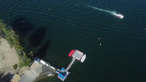Pier-In-Lake-Arrowhead,-California---Aerial-Drone-Shot