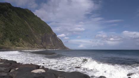 Panoramic-Landscape-over-Faial-da-Terra-Cliffs-Seashore,-Azores,-Slowmotion