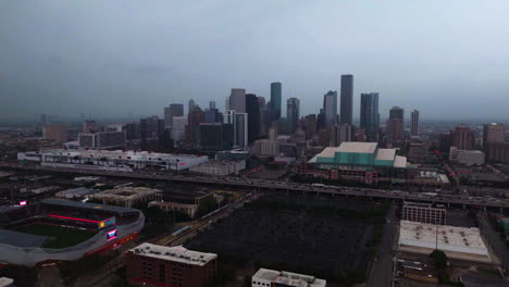 Aerial-view-of-the-eastside-of-downtown-Houston,-stormy-day-in-Texas,-USA