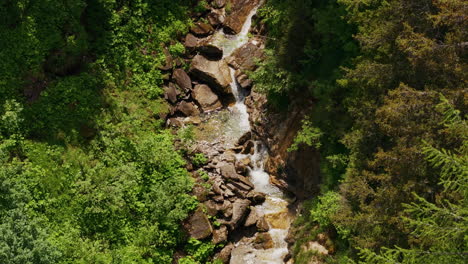 Aerial-of-a-small-mountain-creek-surrounded-by-a-green-forest