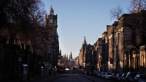 Long-view-along-Princes-Street-from-below-Castle-Hill,-Edinburgh,-Scotland