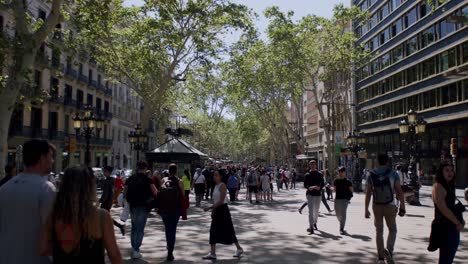 Bustling-La-Rambla,-Barcelona-with-pedestrians-and-shade-from-trees,-sunny-day