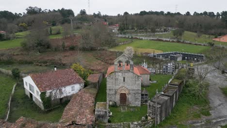 San-Fiz-De-Navío-Church-Aerial-View,-San-Amaro,-Spain