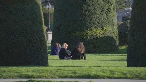 Parque-Público-Maria-theresien-En-Viena,-Cuando-La-Gente-Descansa-Sobre-La-Hierba-Verde-Bajo-La-Luz-Del-Sol,-Austria