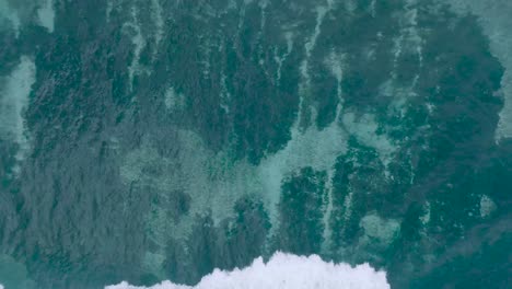 Top-Down-Slow-Motion-Drone-View-of-crystal-clear-water-and-crashing-waves-over-shallow-coral-reef-in-Uluwatu-Bali-Indonesia