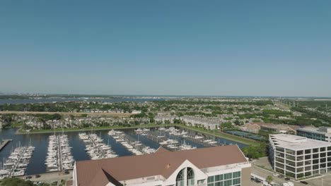 An-aerial-establishing-shot-of-the-South-Shore-Harbour-Resort,-Conference-Center,-and-Marina-in-League-City,-Texas