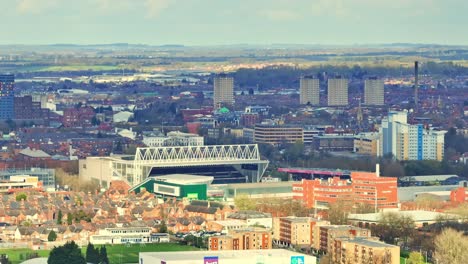 An-aerial-shot-made-over-the-city-panorama-of-Leicester,-UK