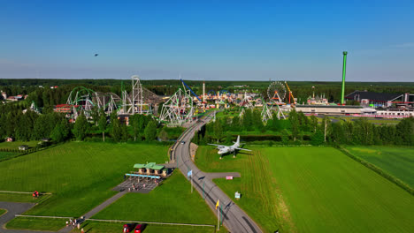 Aerial-view-rising-in-front-of-the-Powerpark-amusement-park-in-Harma,-Finland