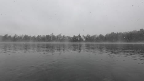 Snowing-on-a-Mystical-Lake-with-turquoise-Water-on-a-Cloudy-Fogy-Day