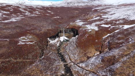 Earthy-volcanic-landscape-in-frozen,-iced-winter-Waterfalls-Svartifoss-Basalt-Column,-Icelandic,-Nordic-natural-environment,-travel-destination