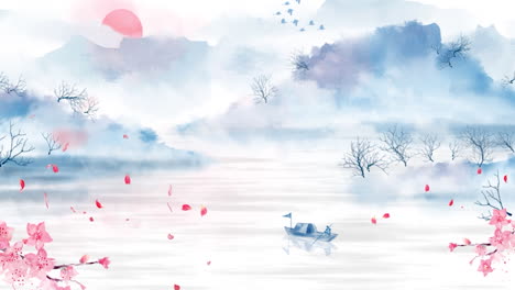 China's-traditional-Oriental-Digital-Art-Animation,-Chinese-painting-ink-in-mountain-with-flowers,-tree,-birds,-river-in-fog-background-artwork