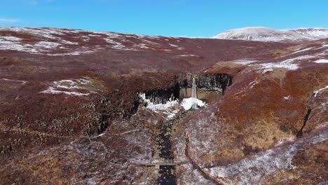 Blue-skyline-snowy-mountain-Waterfalls-in-Icelandic-volcanic-terrain-aerial-fly