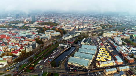 Aerial-panorama-from-within-Riga's-Old-Town,-Latvia