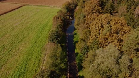 Fluss-Mit-Steinen-Und-Bäumen-Am-Rande,-Filmischer-Drohnenschuss