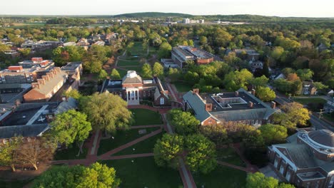 University-of-Delaware-drone-descent-over-green-quad-golden-hour-spring-afternoon