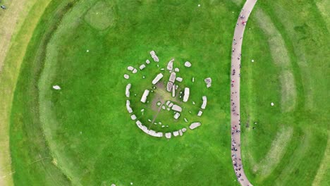 Stonehenge-England-UK,-Top-Down-Aerial-View-of-Prehistoric-Landmark,-High-Angle-Drone-Shot-60fps
