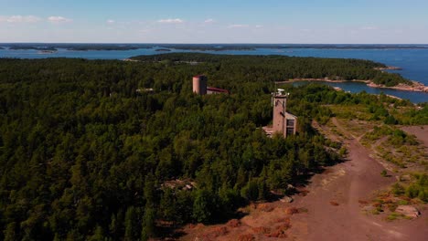 Aerial-view-over-a-old-iron-mine-on-the-Jussaro-island,-summer-day-in-Finland