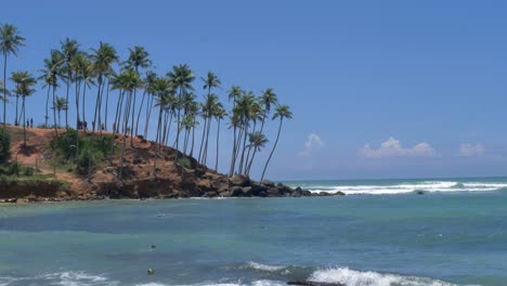 Slow-motion-SLR-landscape-view-of-palm-tree-plantation-at-coconut-tree-hill-with-ocean-waves-beach-tourism-spot-Mirissa-Bay-Point-Weligama-Sri-Lanka