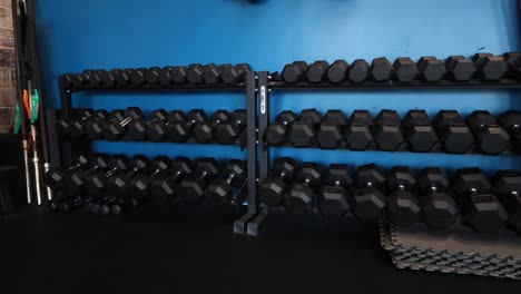 Dumbbells-lined-up-at-a-gym