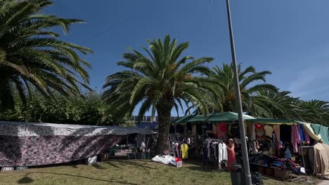 Menschen-Kommen-Zum-Flohmarkt,-Um-An-Einem-Sonnigen-Sommermorgen-An-Den-Straßenständen-Zwischen-Den-Palmen-Auf-Der-Straße-Billige-Sommerkleidung-Zu-Kaufen,-Schuss-Blockiert