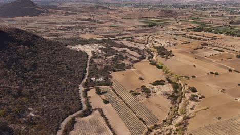 Drought-parched-fields-in-the-Oaxaca-Valley,-with-an-archaeological-site-in-the-background